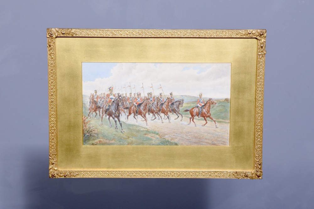 A set of three gilt-framed watercolour paintings depicting cavalry soldiers on horseback in varied rural landscapes. View IX