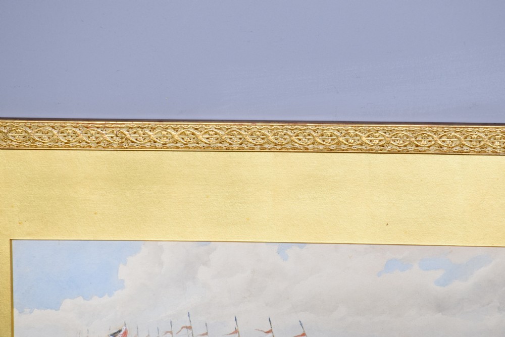 A set of three gilt-framed watercolour paintings depicting cavalry soldiers on horseback in varied rural landscapes. View X