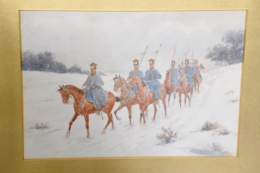 A set of three gilt-framed watercolour paintings depicting cavalry soldiers on horseback in varied rural landscapes. View XII