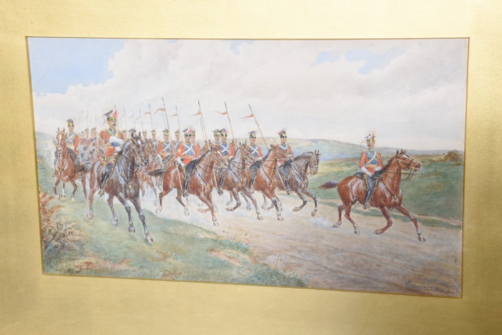 A set of three gilt-framed watercolour paintings depicting cavalry soldiers on horseback in varied rural landscapes. View XIII
