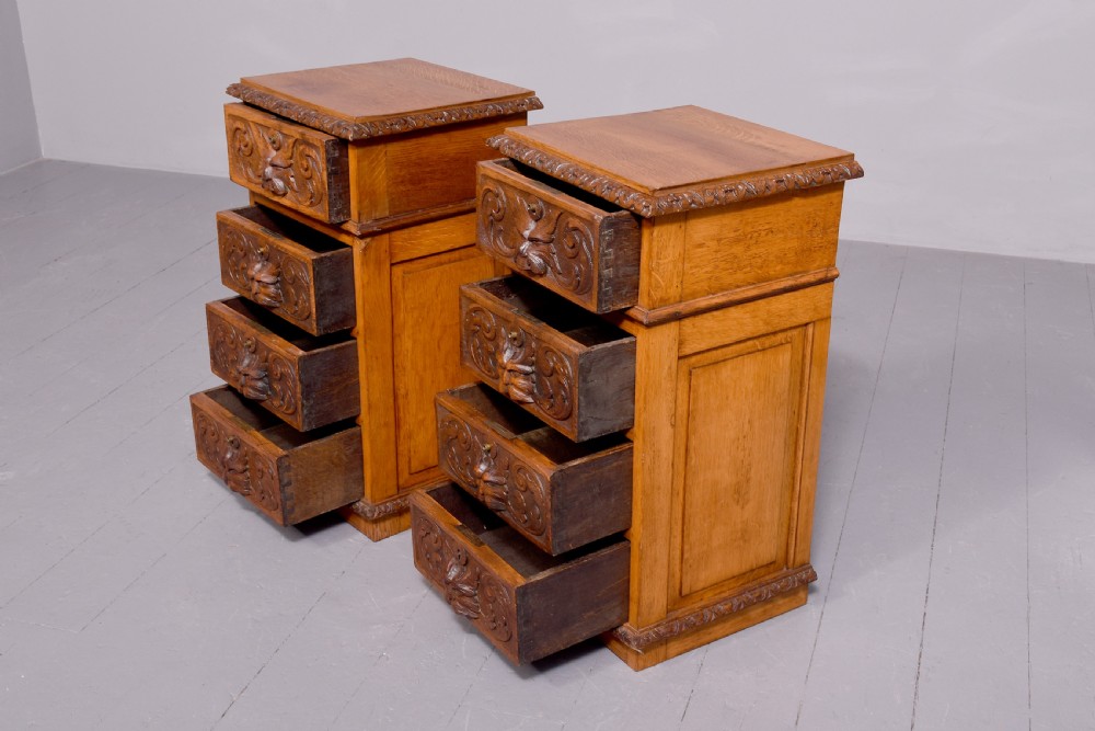 Pair of Victorian Flemish Green Man carved oak bedside lockers View V