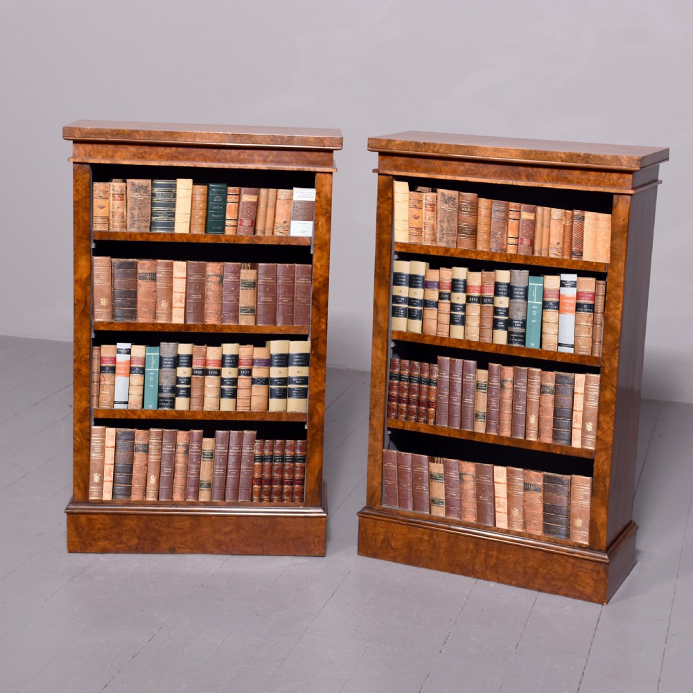 Pair of Victorian burr and figured walnut open bookcases with lovely mellow colour  View V
