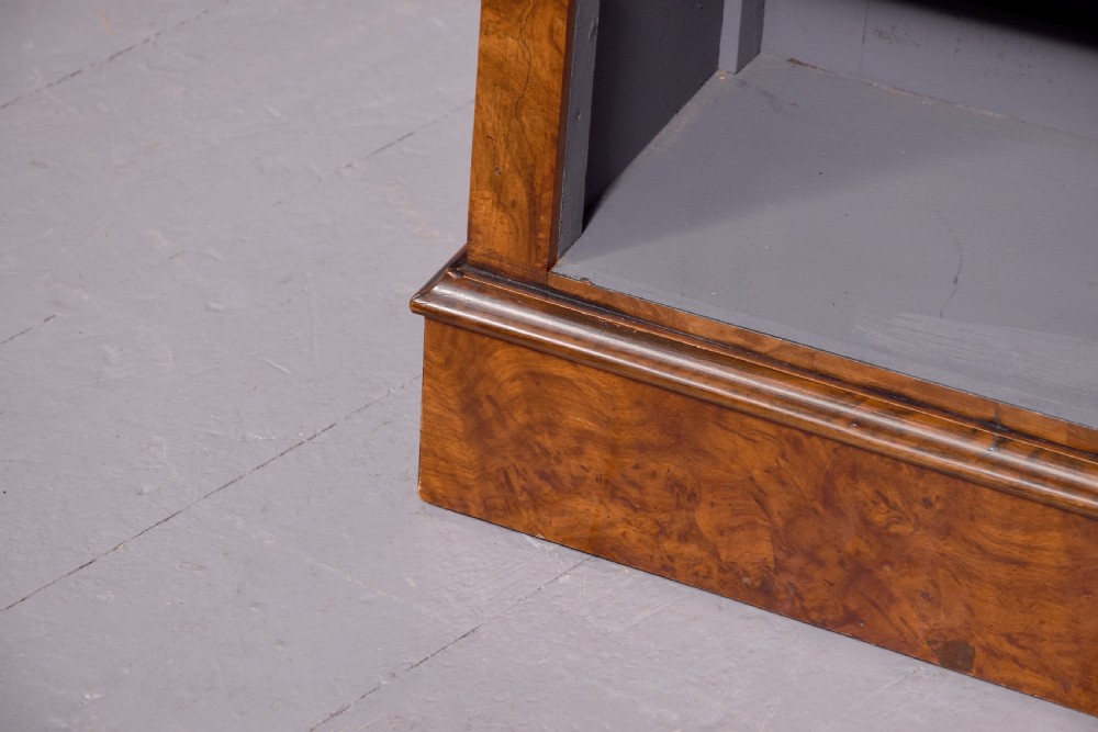 Pair of Victorian burr and figured walnut open bookcases with lovely mellow colour  View II