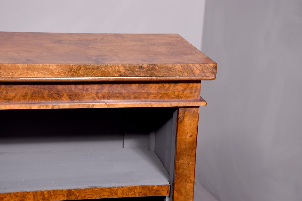 Pair of Victorian burr and figured walnut open bookcases with lovely mellow colour  View III