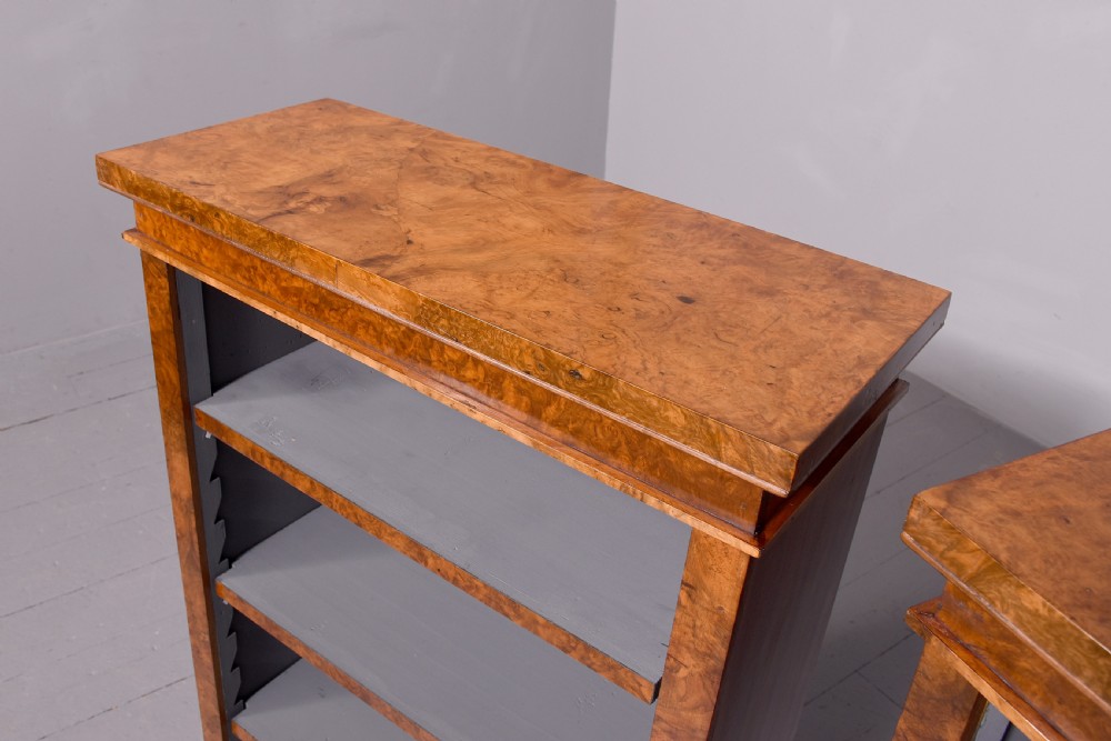 Pair of Victorian burr and figured walnut open bookcases with lovely mellow colour  View IV