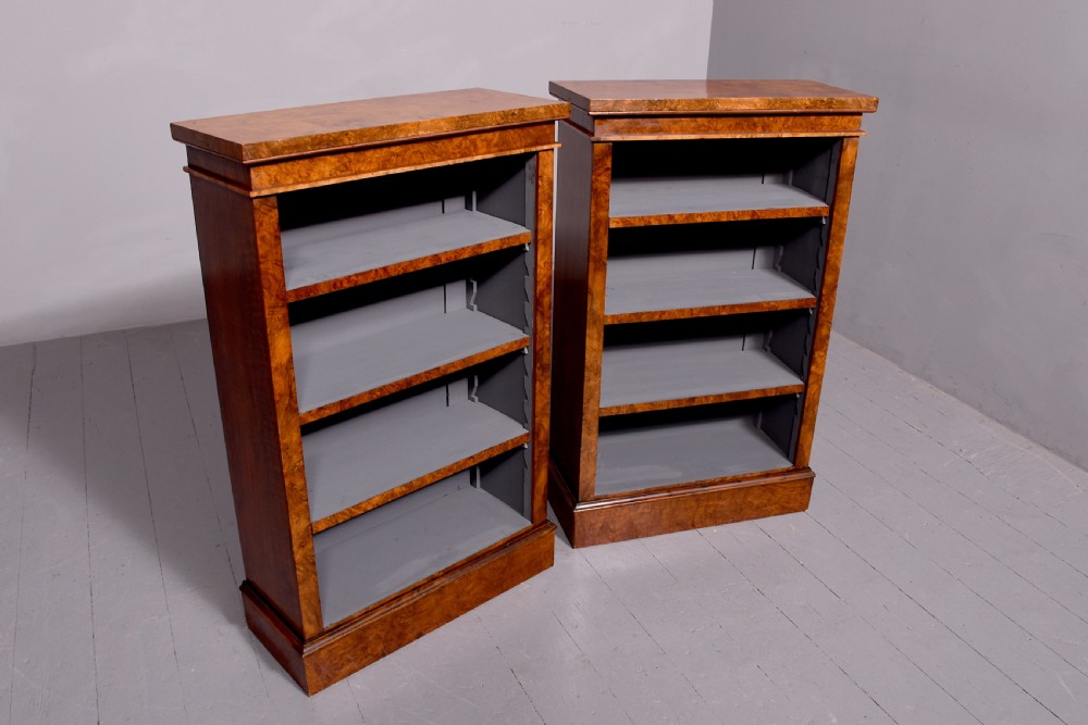 Pair of Victorian burr and figured walnut open bookcases with lovely mellow colour 