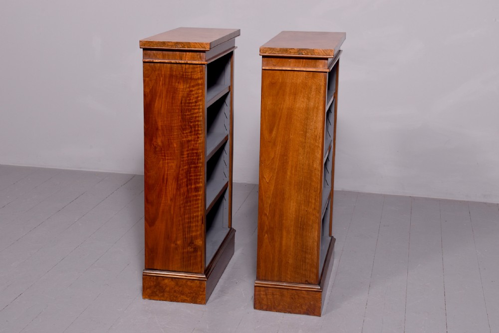 Pair of Victorian burr and figured walnut open bookcases with lovely mellow colour  View VI