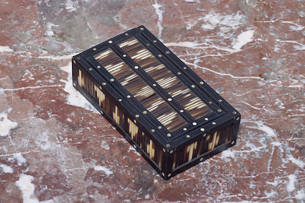 An Edwardian rectangular porcupine quill box with dark ebonised wooden framing and circular bone dot inlays. View III