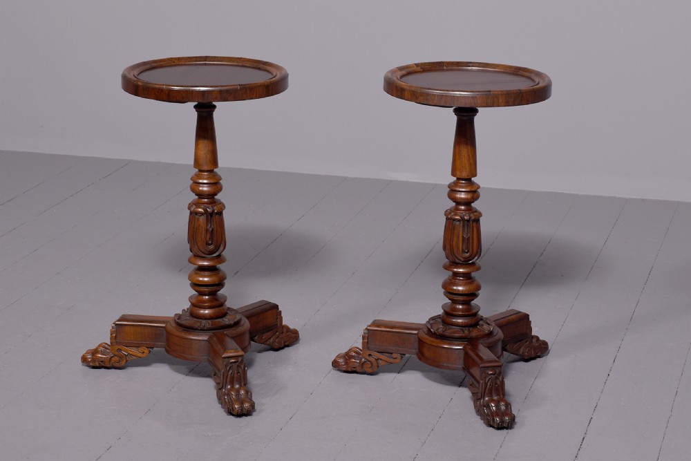 Rare pair of William 4th carved Brazilian rosewood occasional or wine tables on foliated carved supports.