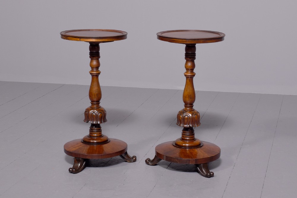 Pair of William IV rosewood wine or occasional tables on ring-turned supports over cabriole legs. View II