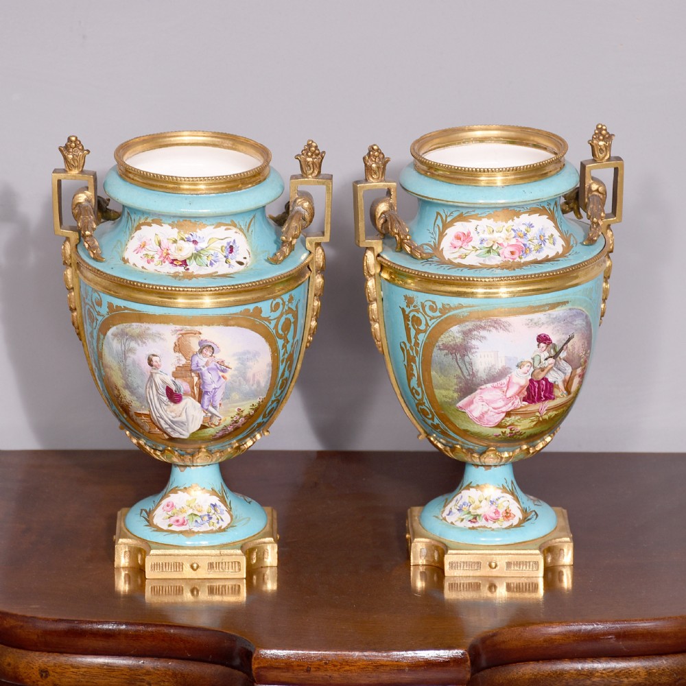 Decorative Pair of Sevres-style ormolu-mounted porcelain vases
