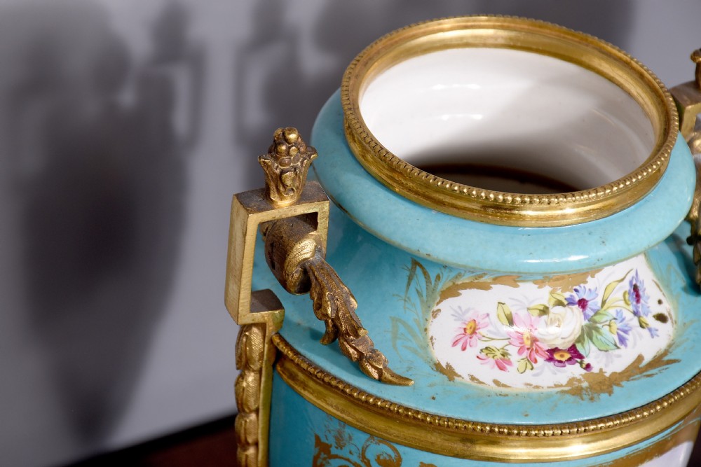 Decorative Pair of Sevres-style ormolu-mounted porcelain vases View II