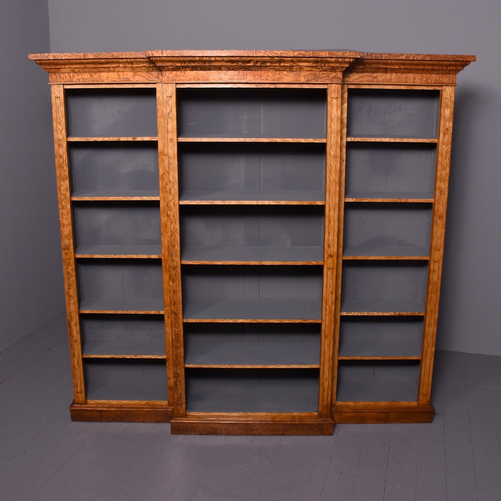 Mid Victorian tall, figured golden elm breakfront, 3-section open bookcase 