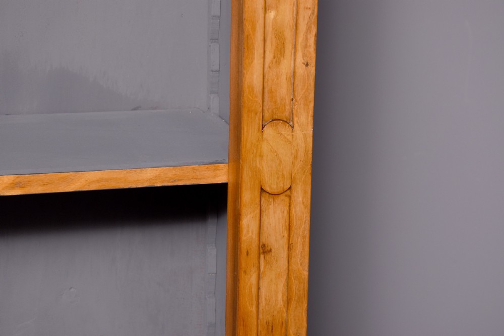 Mid Victorian tall, figured golden elm breakfront, 3-section open bookcase  View II