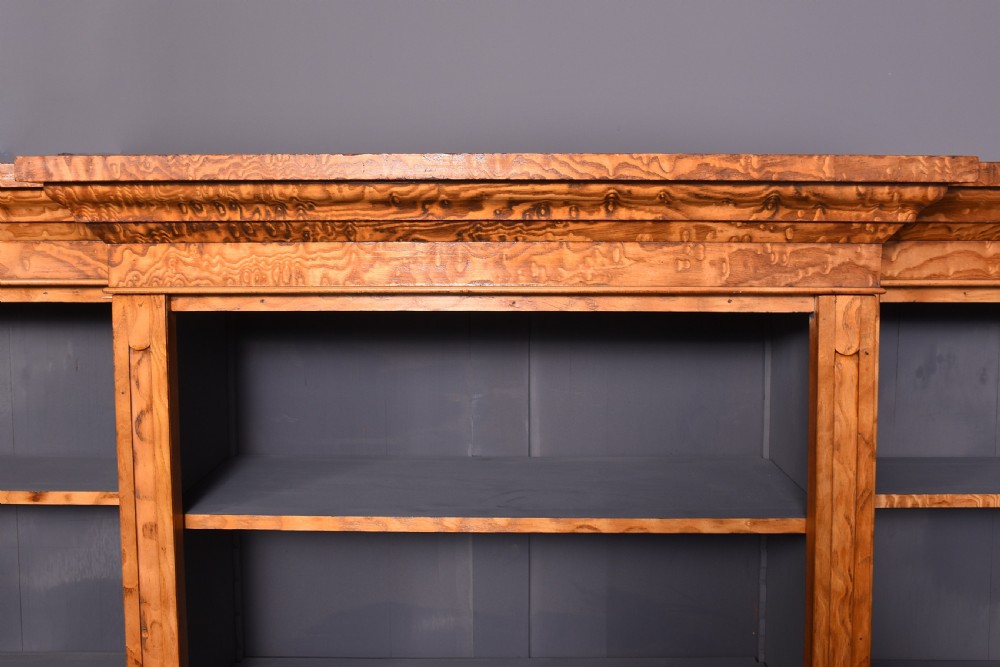 Mid Victorian tall, figured golden elm breakfront, 3-section open bookcase  View V