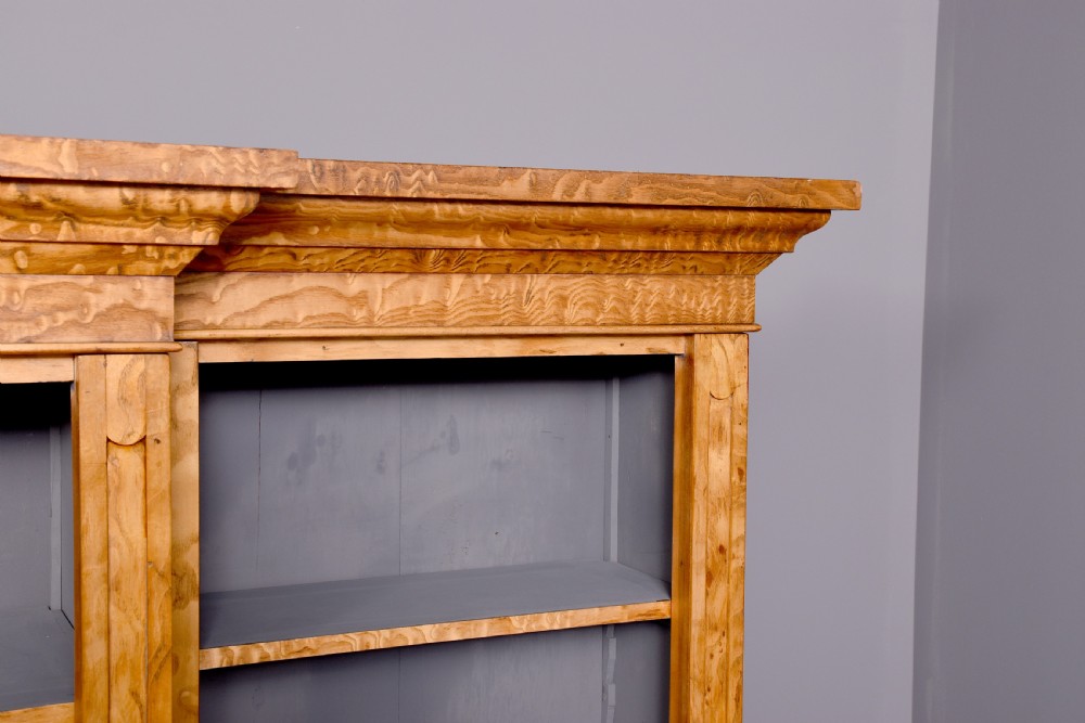 Mid Victorian tall, figured golden elm breakfront, 3-section open bookcase  View VI