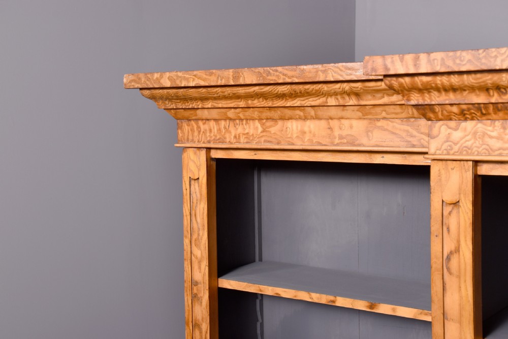 Mid Victorian tall, figured golden elm breakfront, 3-section open bookcase  View VII