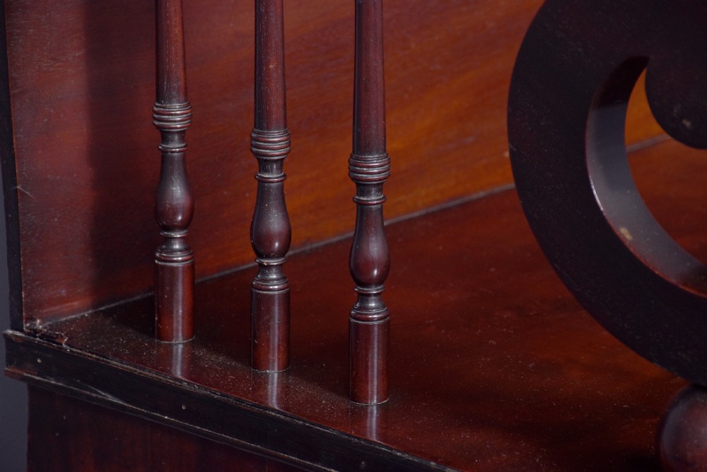 A dark mahogany Regency chiffonier featuring an upper open shelf supported by scrolled sides and two lower cupboard doors with diamond brass grilles. View III