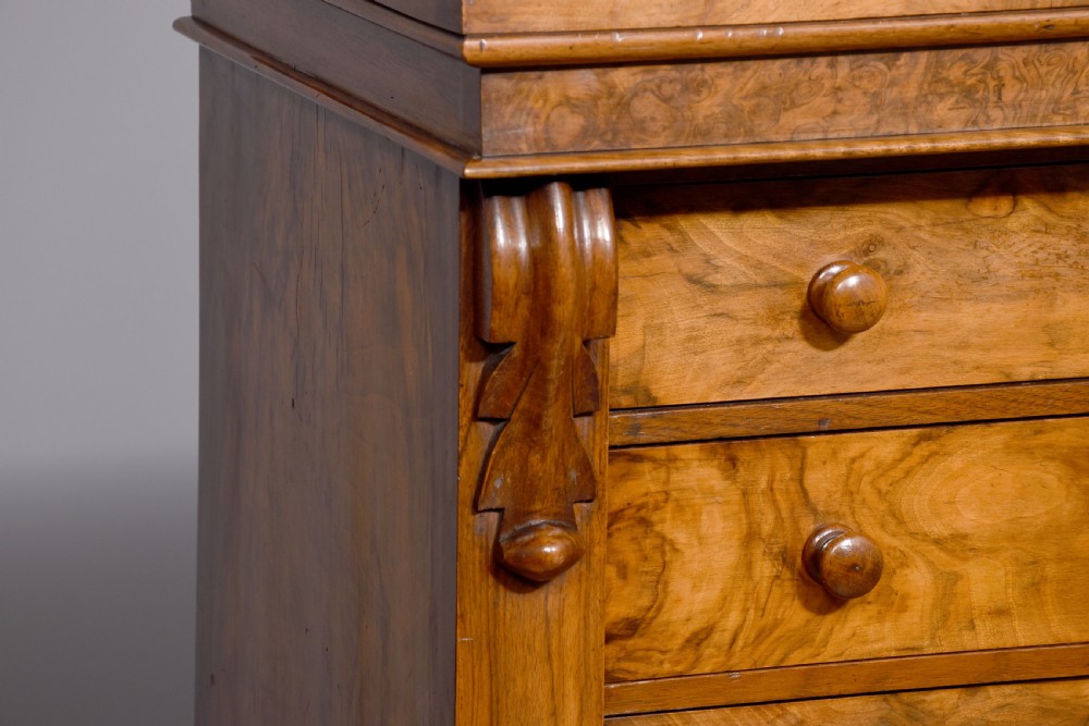 Quality mid-Victorian figured walnut Wellington secretaire chest View II