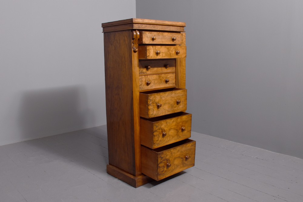 Quality mid-Victorian figured walnut Wellington secretaire chest View III