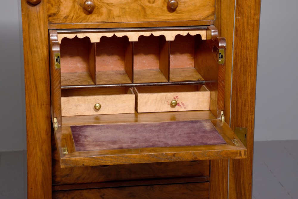 Quality mid-Victorian figured walnut Wellington secretaire chest View V