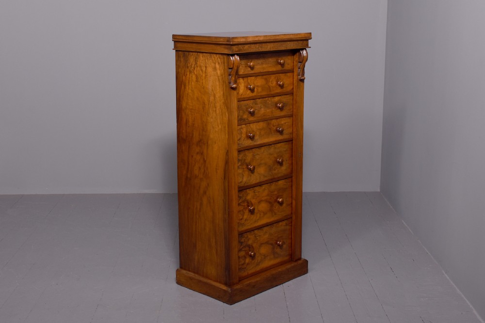Quality mid-Victorian figured walnut Wellington secretaire chest View VI