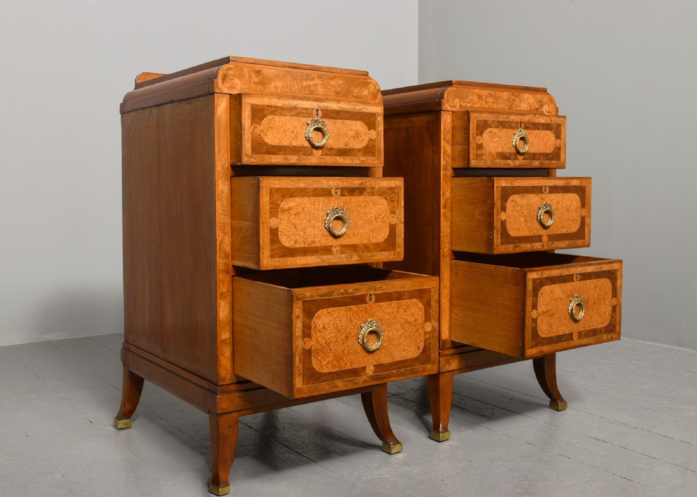 Pair of late Victorian pedestals/bedside lockers in walnut, burr elm and harewood View V