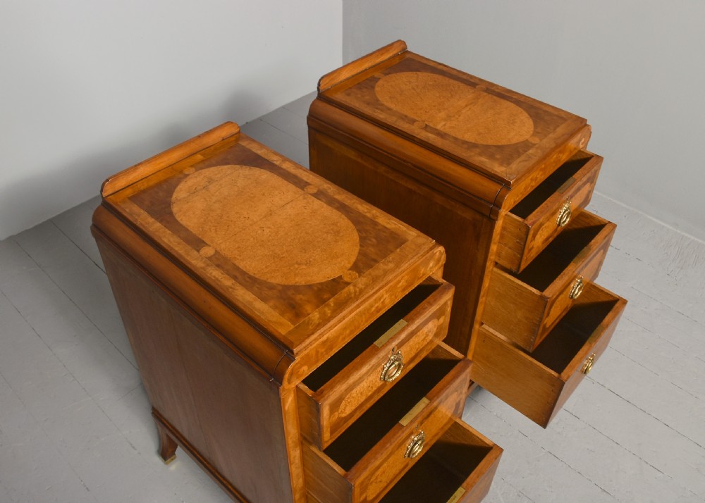 Pair of late Victorian pedestals/bedside lockers in walnut, burr elm and harewood View VI