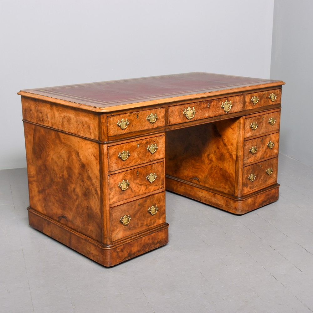 Mid-Victorian Burr Walnut Pedestal Desk