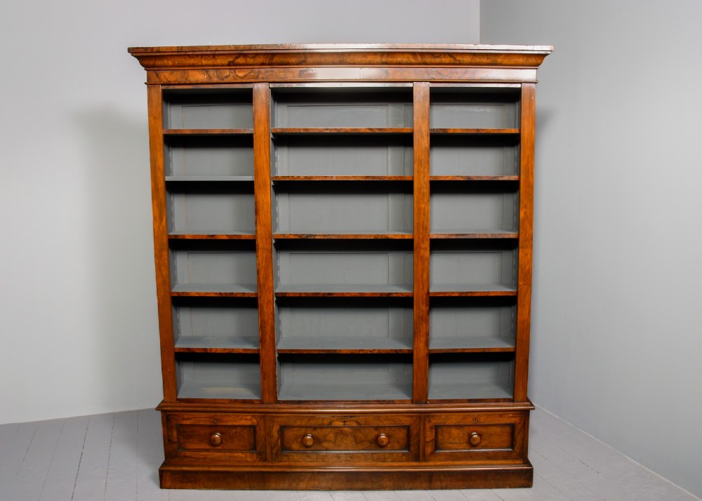 Mid Victorian figured-walnut tall, three-section open bookcase  View VII