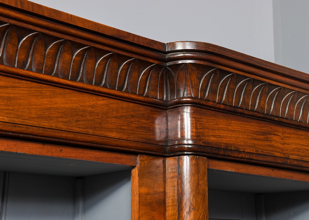 Attractive, Victorian figured-walnut, tall three-section, open bookcase. View III