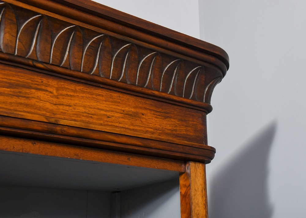 Attractive, Victorian figured-walnut, tall three-section, open bookcase. View IV