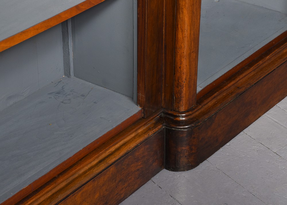 Attractive, Victorian figured-walnut, tall three-section, open bookcase. View VIII