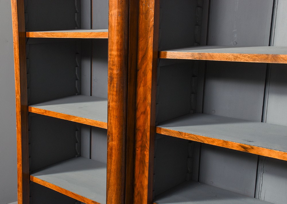 Attractive, Victorian figured-walnut, tall three-section, open bookcase. View IX