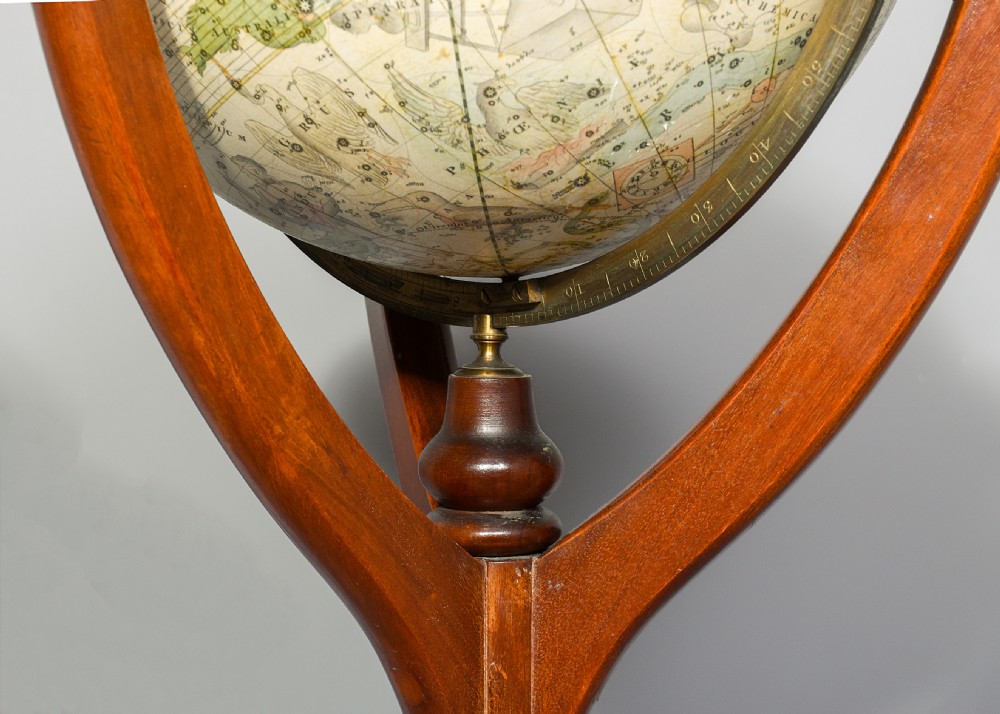 A pair of antique floor-standing globes with brass meridian rings set on turned mahogany tripod stands. View XI