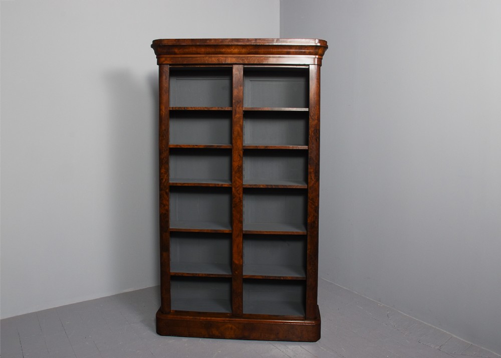 Mid-Victorian figured walnut, two-section, tall open bookcase View VII
