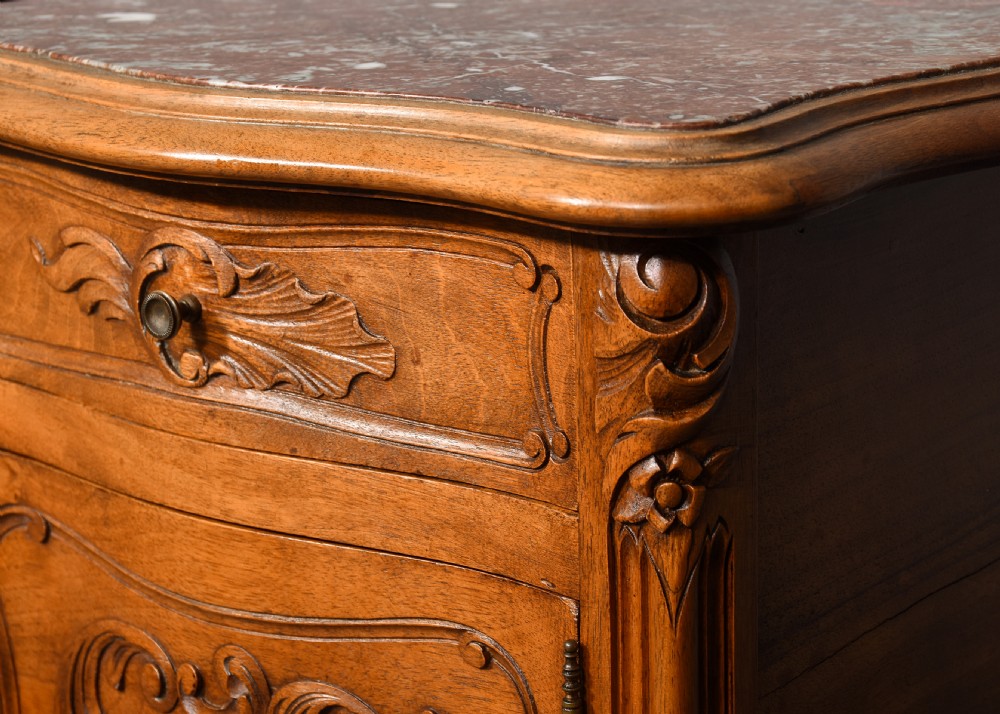 A pair of carved walnut French Louis XIV style bedside cabinets featuring marble tops and slender cabriole legs. View VII