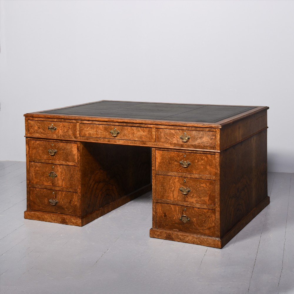 Magnificent, large-size George III style figured walnut partner’s desk