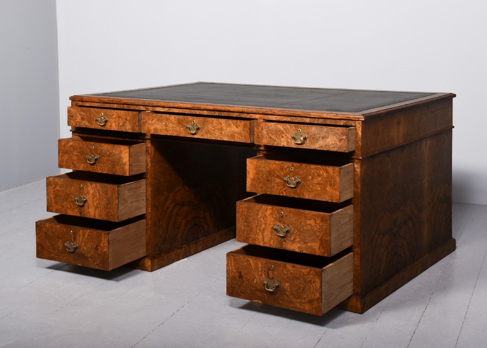 Magnificent, large-size George III style figured walnut partner’s desk View III