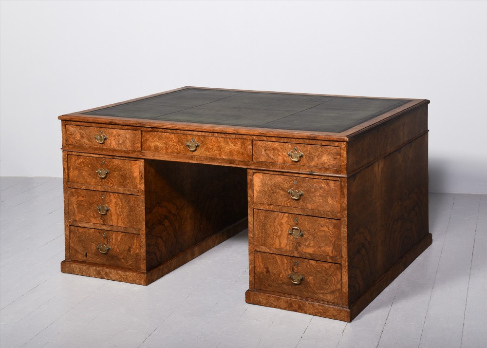 Magnificent, large-size George III style figured walnut partner’s desk View IX