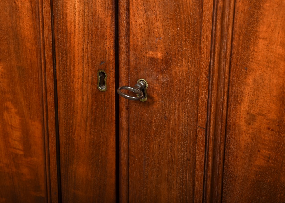 A George IV flame mahogany four-door wardrobe with a breakfront profile and moulded cornice. View X