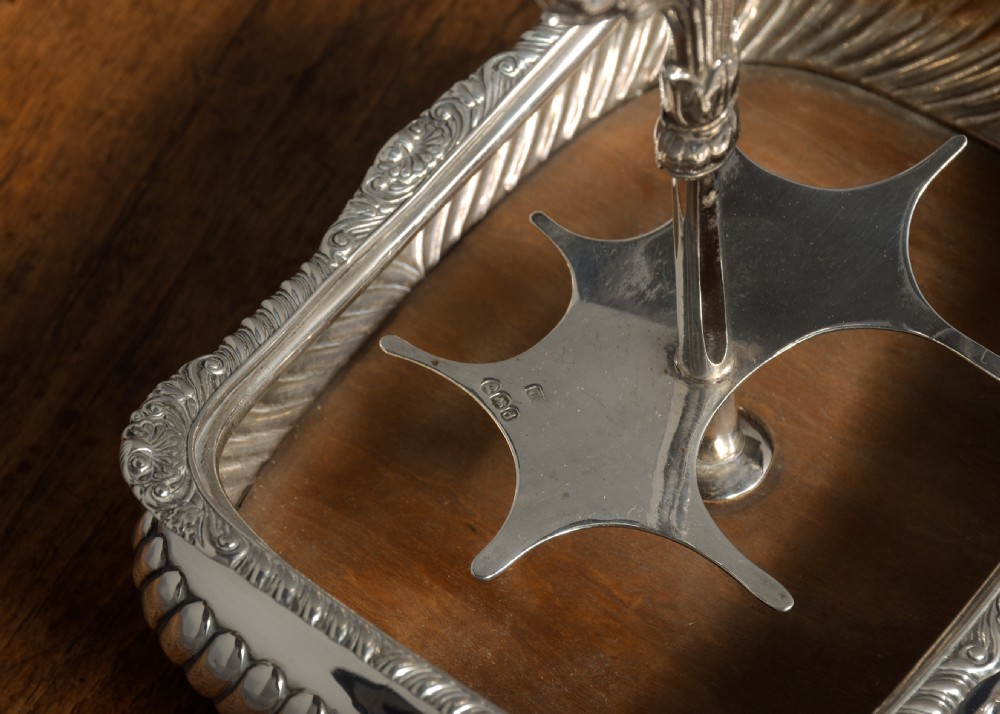 A Regency solid silver cruet stand featuring six cut-glass bottles with silver tops, supported by a gadrooned frame with a central loop handle and paw feet. View III