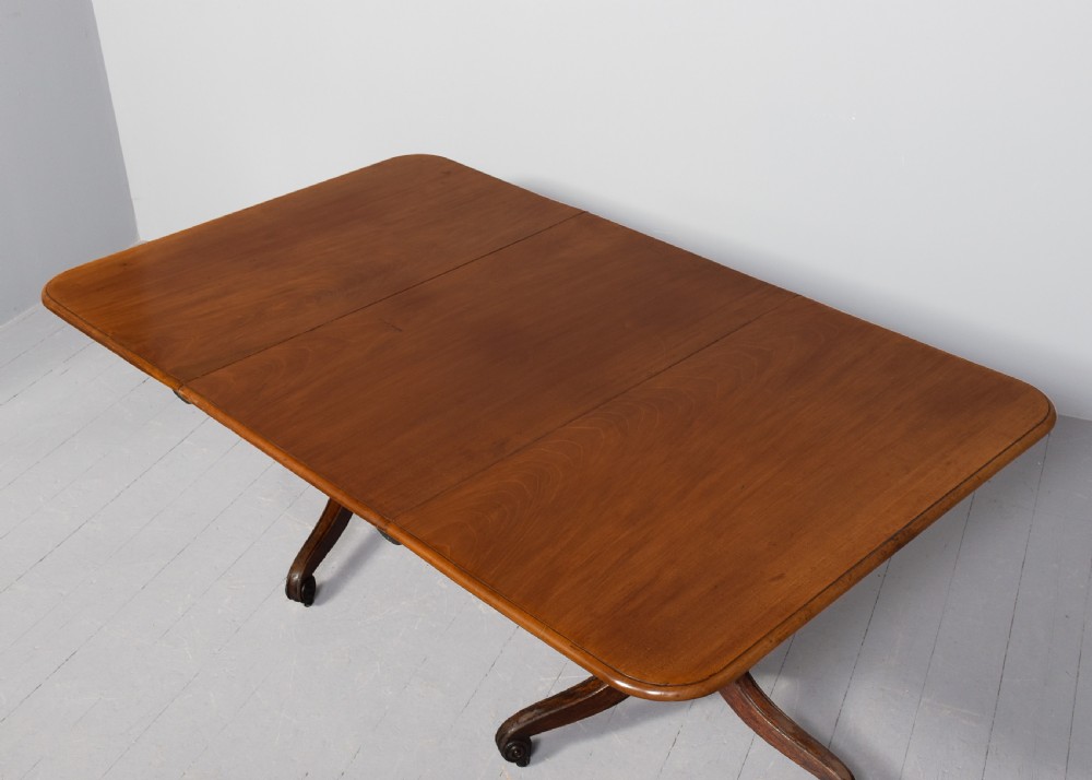 A George IV mahogany twin pillar extendable dining table with a central leaf, supported on turned columns and splayed legs with brass castors. View XII