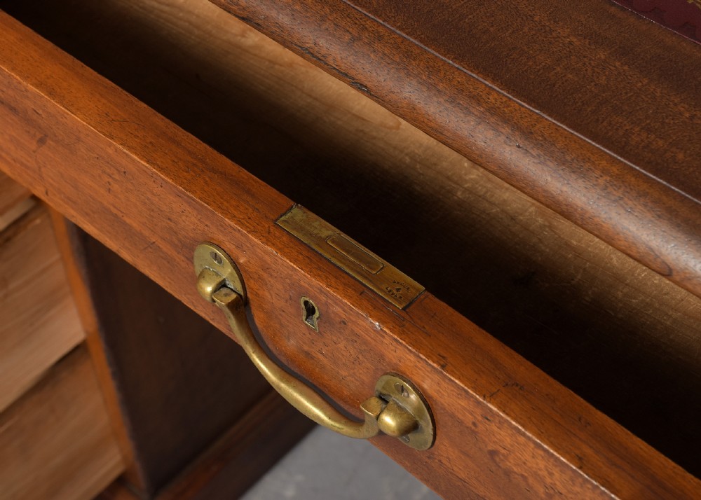 A large Victorian mahogany partners desk with a brown leather inset writing surface, twin pedestals with drawers, and brass swan-neck drop handles. View IV