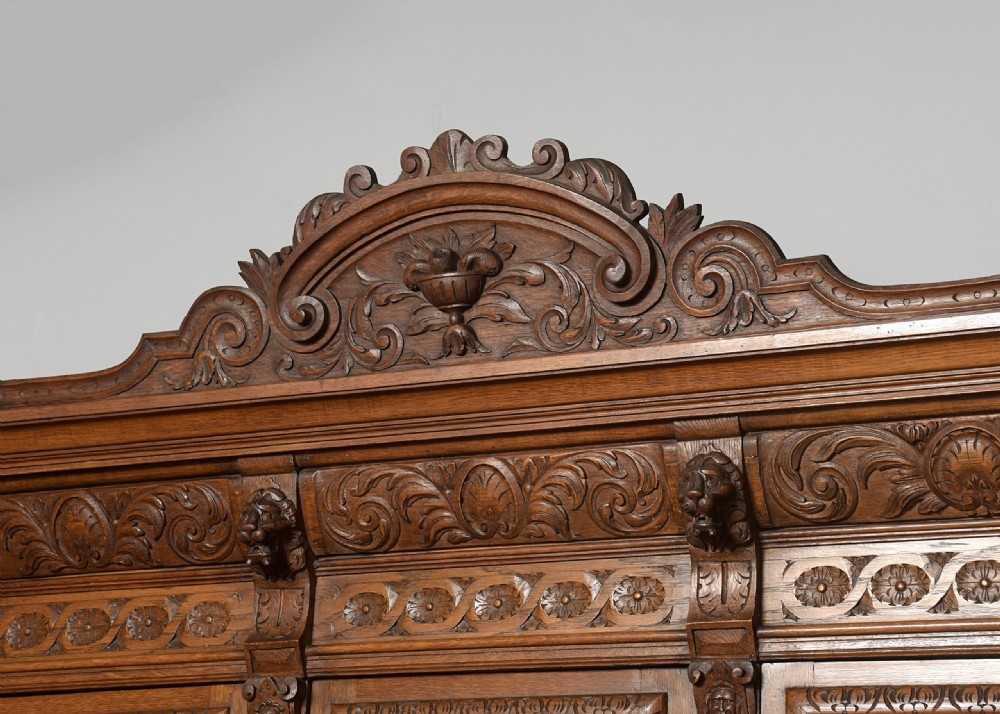Carved Oak and Stained Leaded Glass Oak Bookcase View II