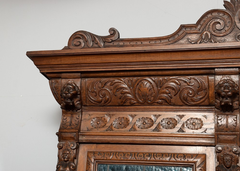Carved Oak and Stained Leaded Glass Oak Bookcase View III
