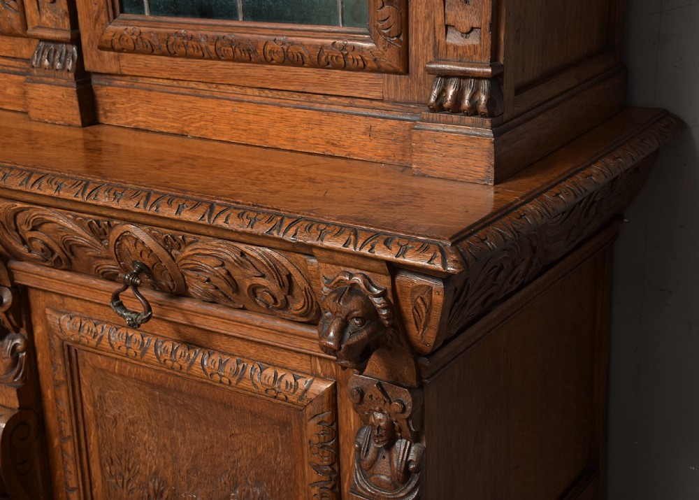 Carved Oak and Stained Leaded Glass Oak Bookcase View IV