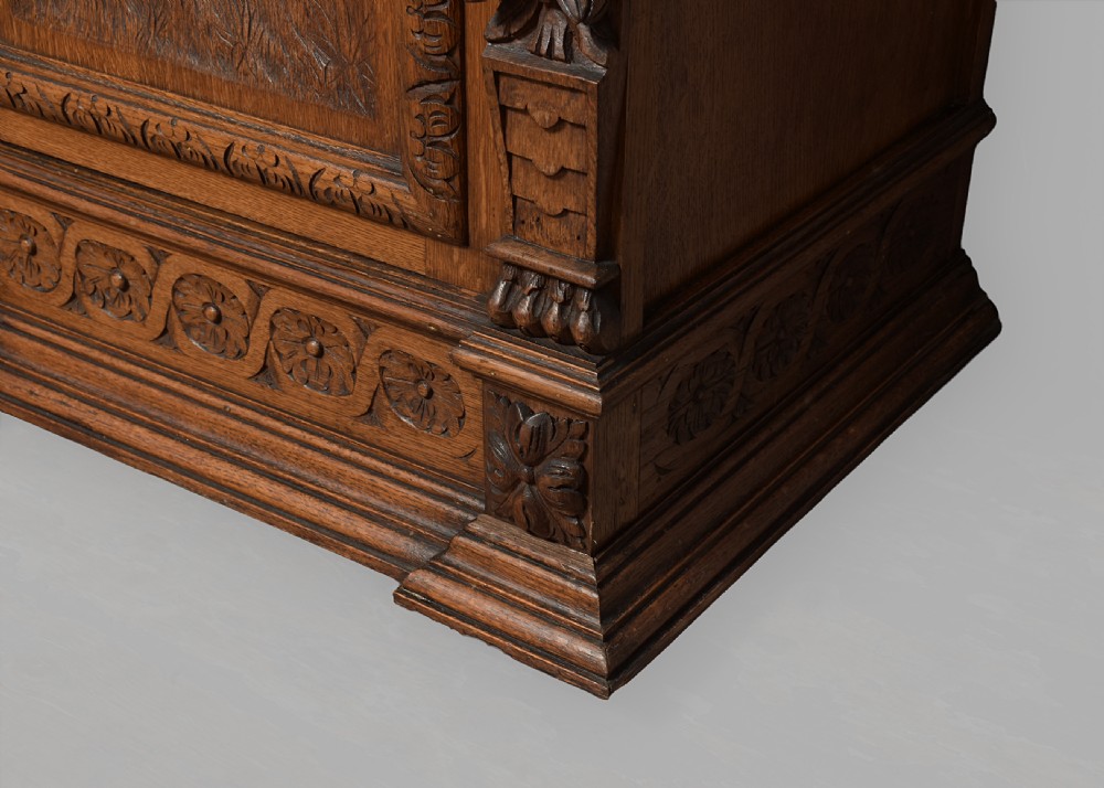 Carved Oak and Stained Leaded Glass Oak Bookcase View V