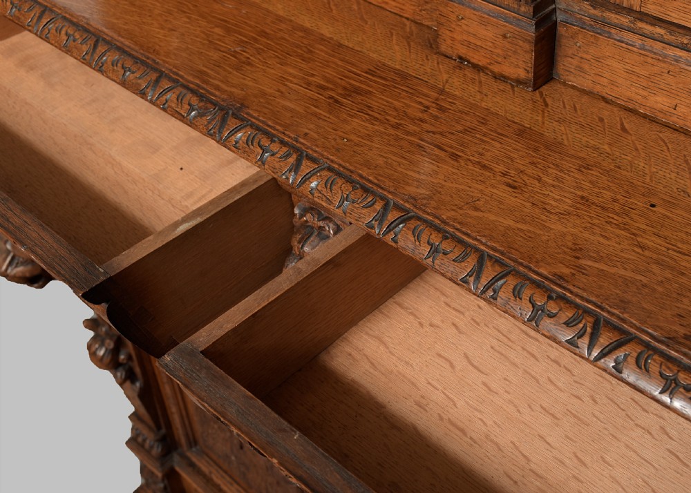 Carved Oak and Stained Leaded Glass Oak Bookcase View X