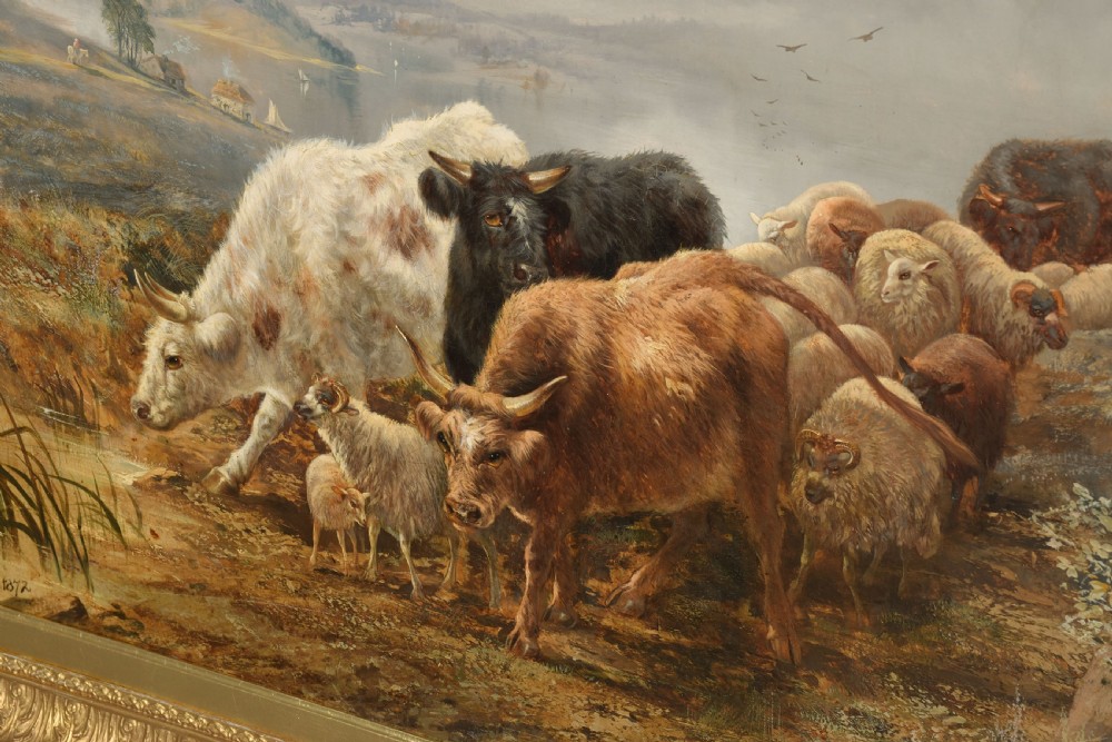 A pair of large Victorian oil paintings in ornate gilt frames depicting Scottish Highland landscapes with livestock and deer. View IV